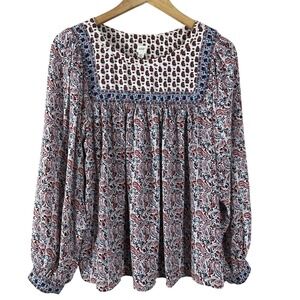 Gap Womens Medium Paisley Floral Long Sleeve Blouse Red Blue Square Yoke Boho